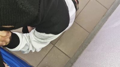 Get on your knees for cum! In public in the entrance of the house, fountains of cum on a sissy femboy!