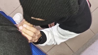 Get on your knees for cum! In public in the entrance of the house, fountains of cum on a sissy femboy!