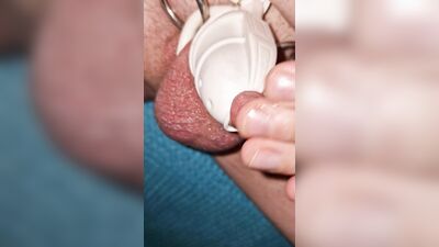 Cumming in chastity cage after one week with foreskin stimulation and Ball slaps, Big Creamy load