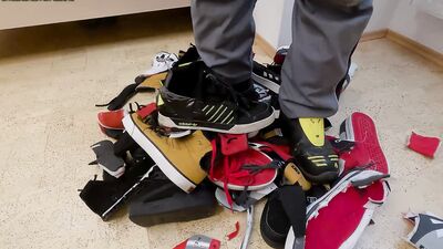 More cutting 7 pairs shoes (DC, Adidas, Puma), stomping and jerking all over them