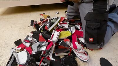 More cutting 7 pairs shoes (DC, Adidas, Puma), stomping and jerking all over them