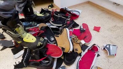 More cutting 7 pairs shoes (DC, Adidas, Puma), stomping and jerking all over them