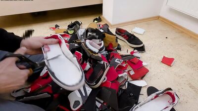 More cutting 7 pairs shoes (DC, Adidas, Puma), stomping and jerking all over them