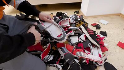More cutting 7 pairs shoes (DC, Adidas, Puma), stomping and jerking all over them