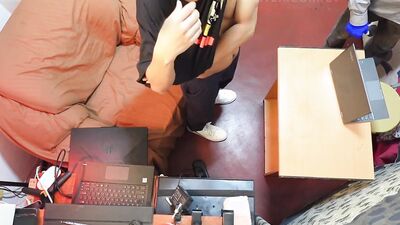 Laptop repairman helps me to fix my broken laptop and cum