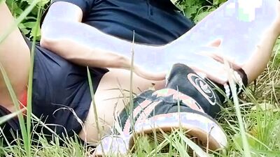 After getting caught outside, gay twink Jon Arteen sneaks off to stroke himself, pull out his cock and touch his penis, trying t