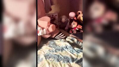 Femboy in thigh highs and shorts fucks hip sex toy