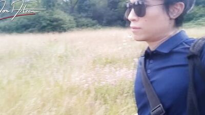 Outdoor VLOG, Jon Arteen talks, masturbates, ejaculates sperm in a wheat field Young French-Asian