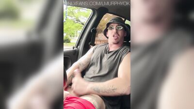 Uber driver masturbates his huge cock in his car while a stranger approaches to suck him off