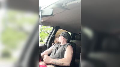 Uber driver masturbates his huge cock in his car while a stranger approaches to suck him off