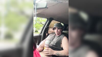 Uber driver masturbates his huge cock in his car while a stranger approaches to suck him off