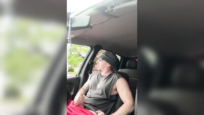 Uber driver masturbates his huge cock in his car while a stranger approaches to suck him off