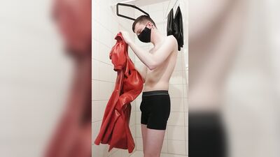 Shining and lubing red latex hooded swing dress and rubber stockings wetsuiterest