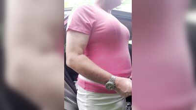 Cross dress strip and walk in woods, nearly caught by cars passing on road