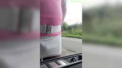 Cross dress strip and walk in woods, nearly caught by cars passing on road