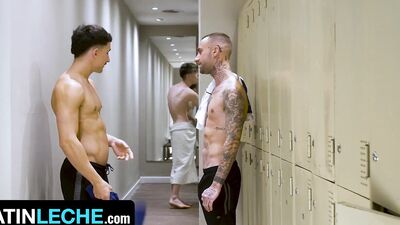 Hunky Latino Soccer Players Creamy Threesome With Twink in the Locker Room