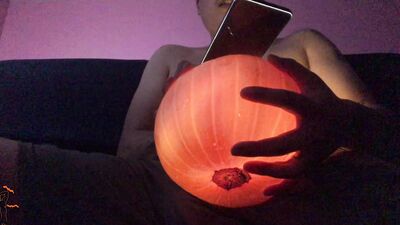 Disabled Boy Fucks Halloween Pumpkin till his Cock Explodes