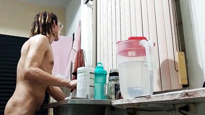 A mature man shaves a mustache and beard without clothes in the privacy of his home: Raba Erre Big