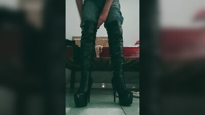 Thigh high boots shemale masturbation
