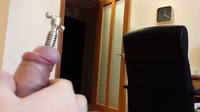 Penis tuner hollow screw urethral plug insertion and a cumshot through