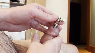 Penis tuner hollow screw urethral plug insertion and a cumshot through