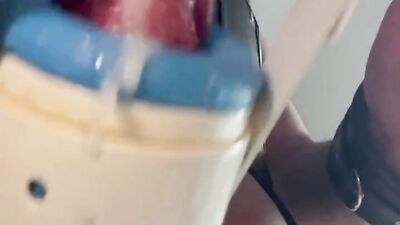 Fucking machine on high speed milking a cock to massive cum