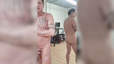 Strip show in gym and locker room dildo play