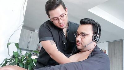 Sucking my friend while he works and ends up fucking my ass