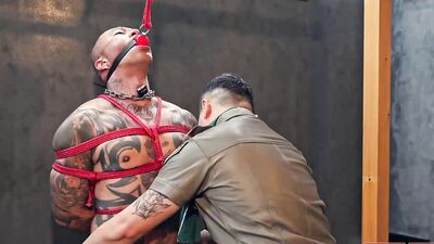 Bound Muscular Damian Dragon Jerks Off Massive Cock