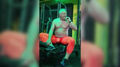 Thin tights and shirtless at the gym