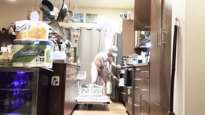 Washing the dishes naked with a hardon