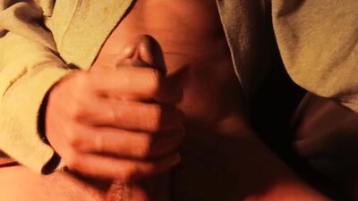 Hot naked guy in sweater jerking off his big cock, loud moans of intense pleasure