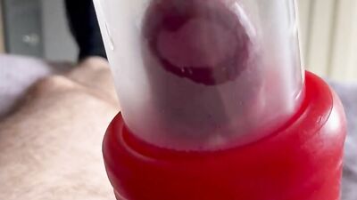 Long milking machine blowjob with a lot of cum
