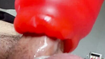 Long milking machine blowjob with a lot of cum