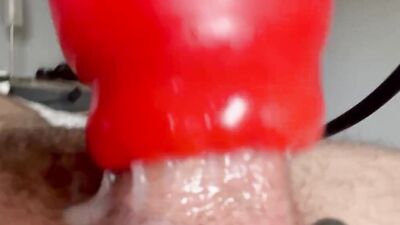 Long milking machine blowjob with a lot of cum