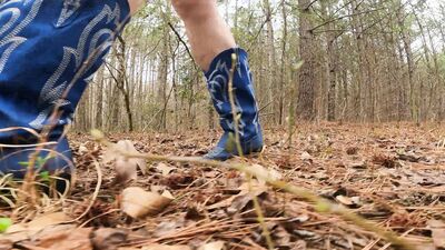 Giant Fake boobs crossdresser walking in the woods in lingerie Jon Scarecrow Masturbation in the woods