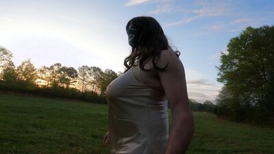 Fake tits Crossdresser Jon Scarecrow in lingerie having a walk and a wank in an open field