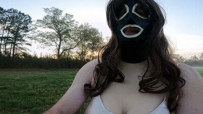Fake tits Crossdresser Jon Scarecrow in lingerie having a walk and a wank in an open field