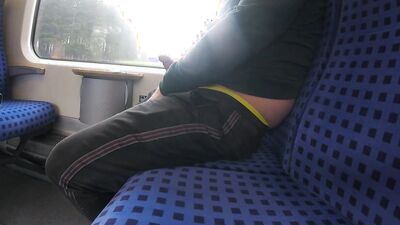 Extremely risky jerking off on a moving train in the middle of the day.