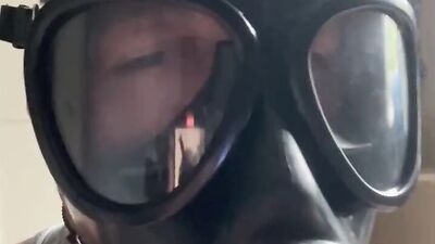 Fucked in mouth and ass in chastity by the machine - gas mask