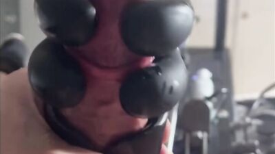 Fucked in mouth and ass in chastity by the machine - gas mask
