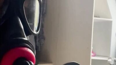 Fucked in mouth and ass in chastity by the machine - gas mask