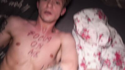 Gangbang - tattoo faggot gets fucked hard by his buddies and cums on his face