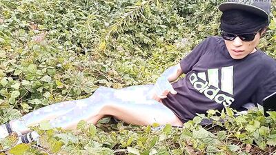Jon Arteen, a gay Asian twink, is dressed in an Adidas t-shirt, hot pants, white socks, and Duramo sneakers. He jerks off