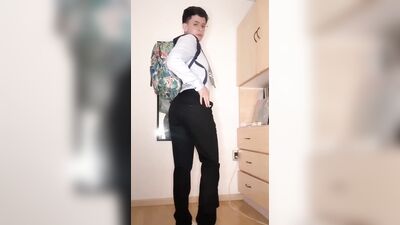 Sexy femboy reveals sexy lingerie under his clothes and rides his dildo