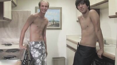 Two skinny gay chaps are having sex in the kitchen