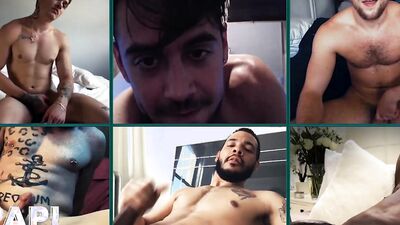 Horny blokes are masturbating together in front of the camera