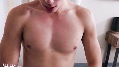 Skinny twink poses naked and plays with his rock-hard pecker