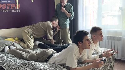 Stepfather fucks stepson and his friends after class