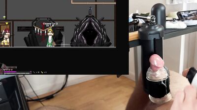 boy whimpers as synced game makes cock cum